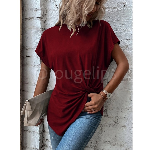 Twist Detail Burgundy Tee Shirt Short Sleeve Round Neck - Picture 4 of 12